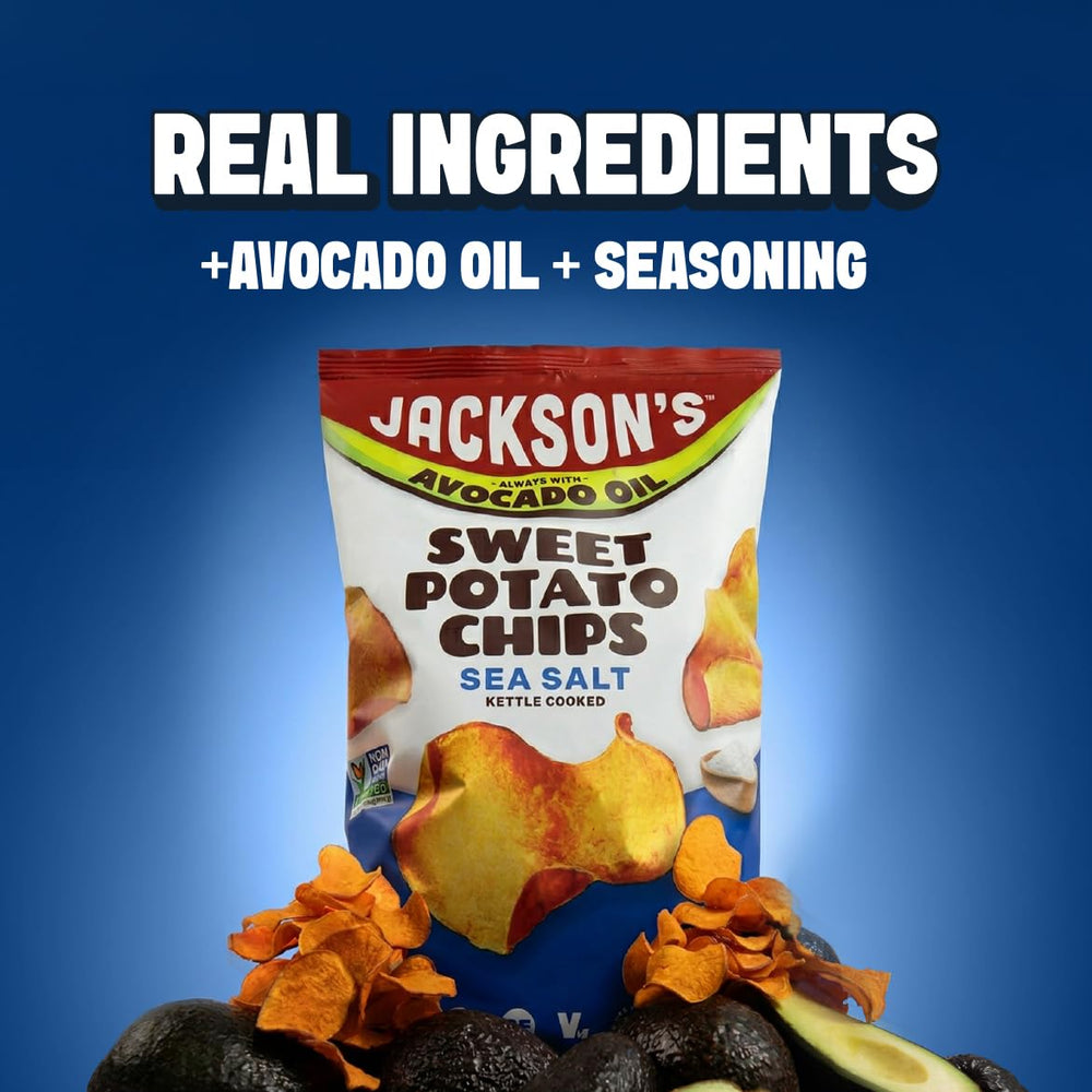 Jackson's Honest open bag spilling chips to show portion size and on-the-go convenience benefit