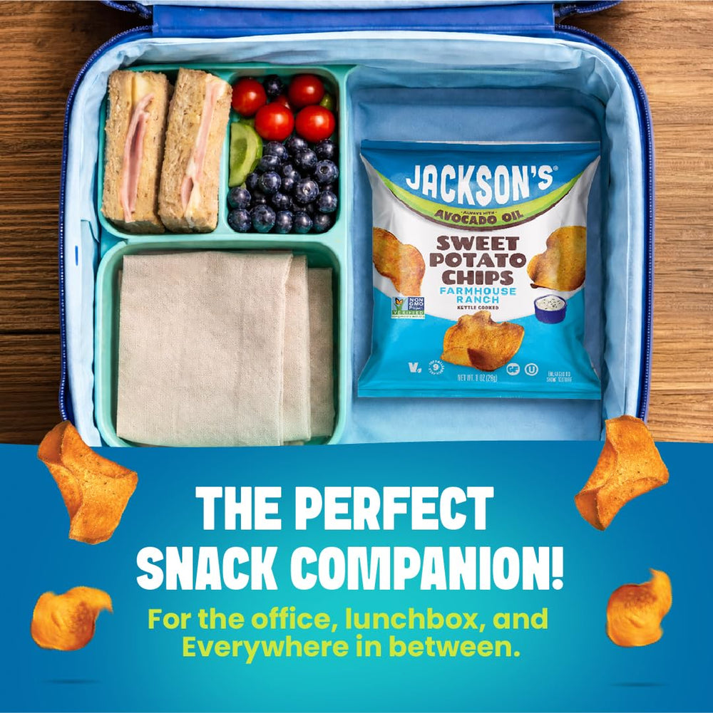Jackson's Honest chips in bowl beside sandwich for meal pairing ideas