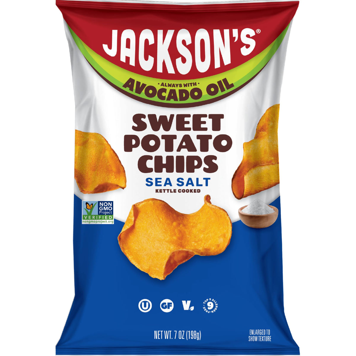 Jackson's Honest front packaging showing sea salt flavor and clear branding benefit: recognizable snack
