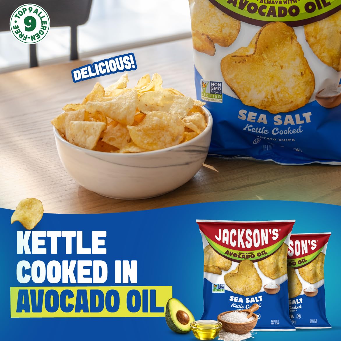 Jackson's ingredients label showing avocado oil and non-GMO potatoes