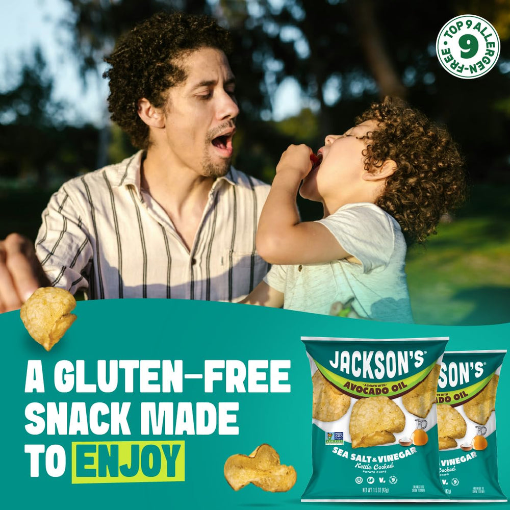 Jackson's single-serve 1.5oz bag opened to show portioned chips, easy grab-and-go benefit