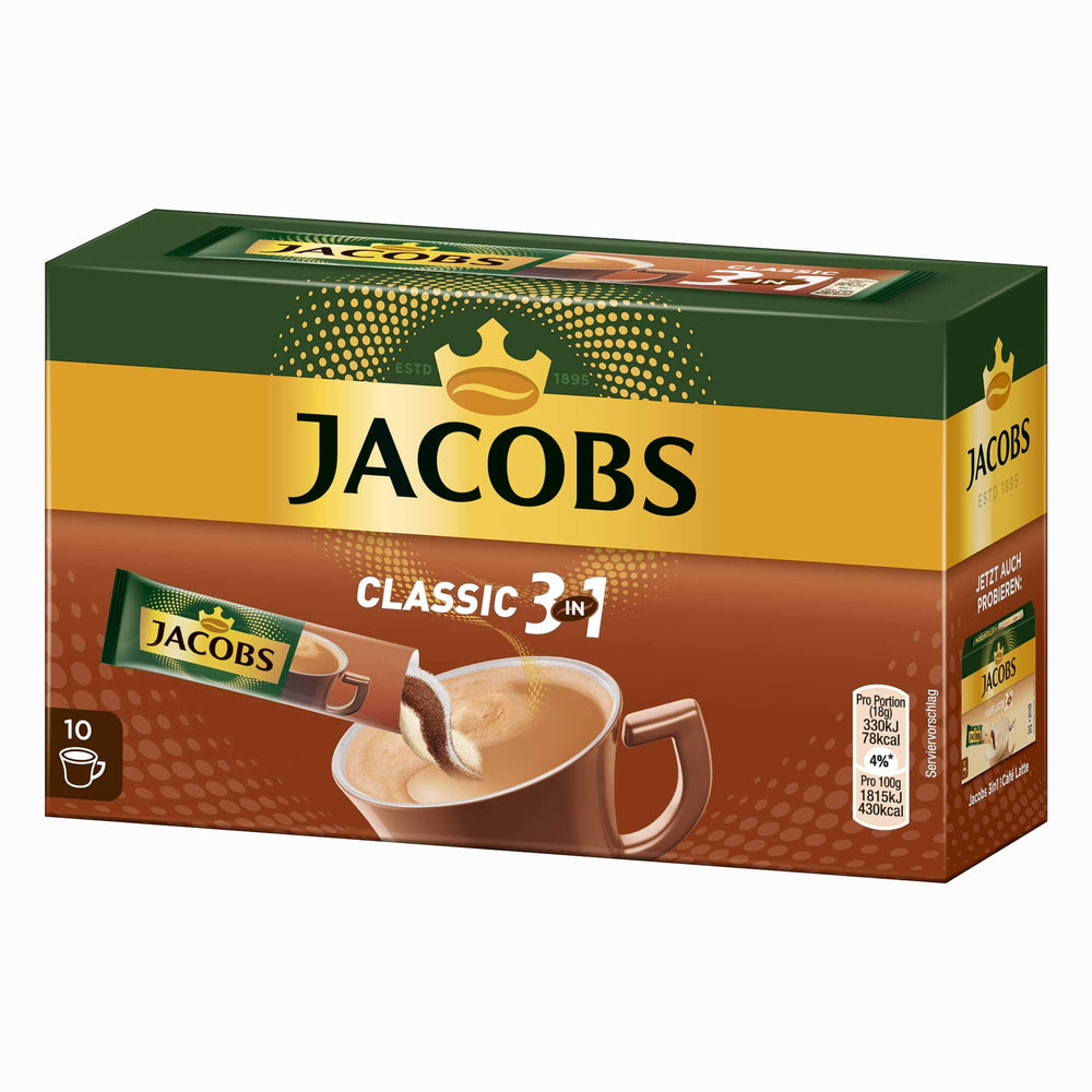 Jacobs pack front showing 10 single-serve 3in1 sticks and brand logo for quick coffee
