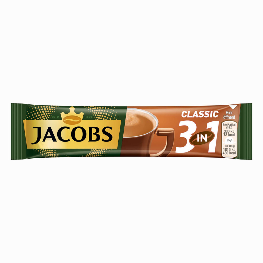Jacobs 3in1 stick beside a teaspoon and cup to show single-serve portion and scale