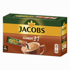 Close-up of a single Jacobs 3in1 stick packet highlighting easy-tear notch and portioning