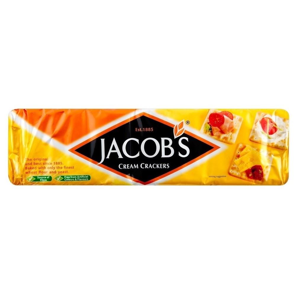 JACOB'S cream crackers front packaging showing crisp crackers and brand
