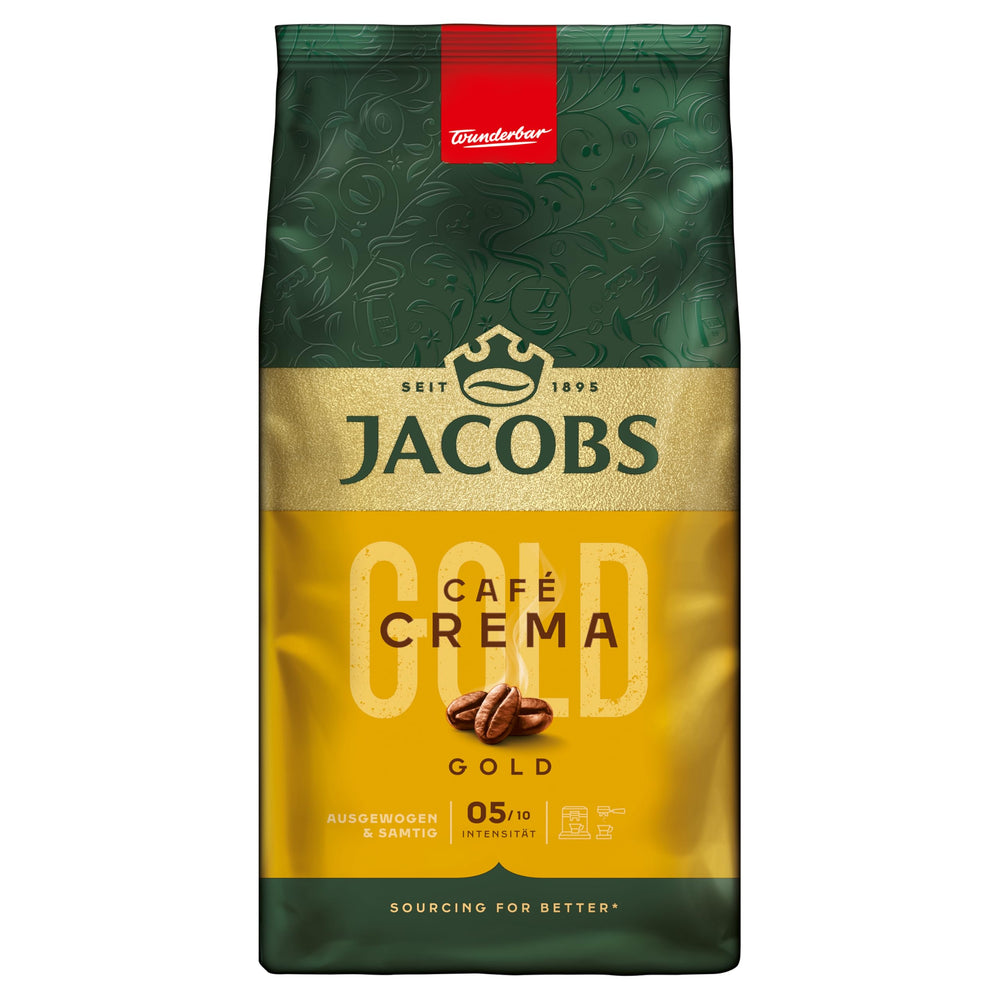 Jacobs Crema front packaging showing 1000g bag and brand clarity for shelf appeal