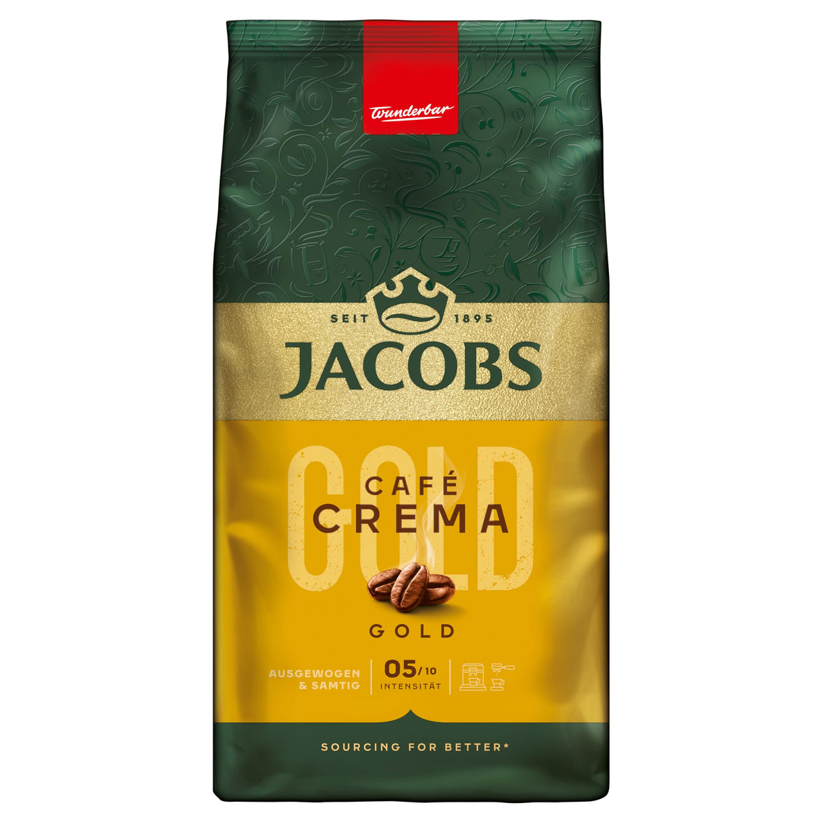 Jacobs Crema front packaging showing 1000g bag and brand clarity for shelf appeal