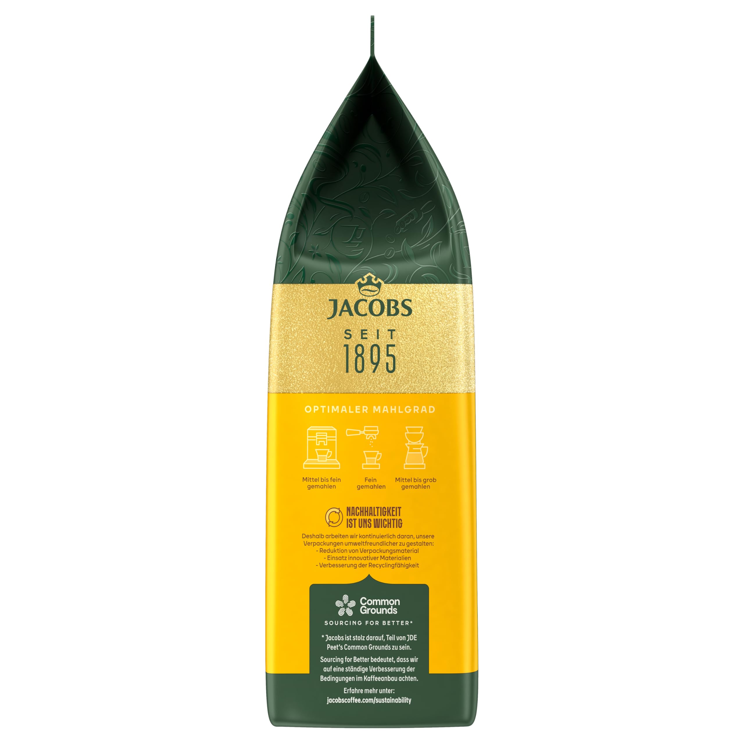 Jacobs Crema beans in a kitchen setting suggesting daily brewing convenience