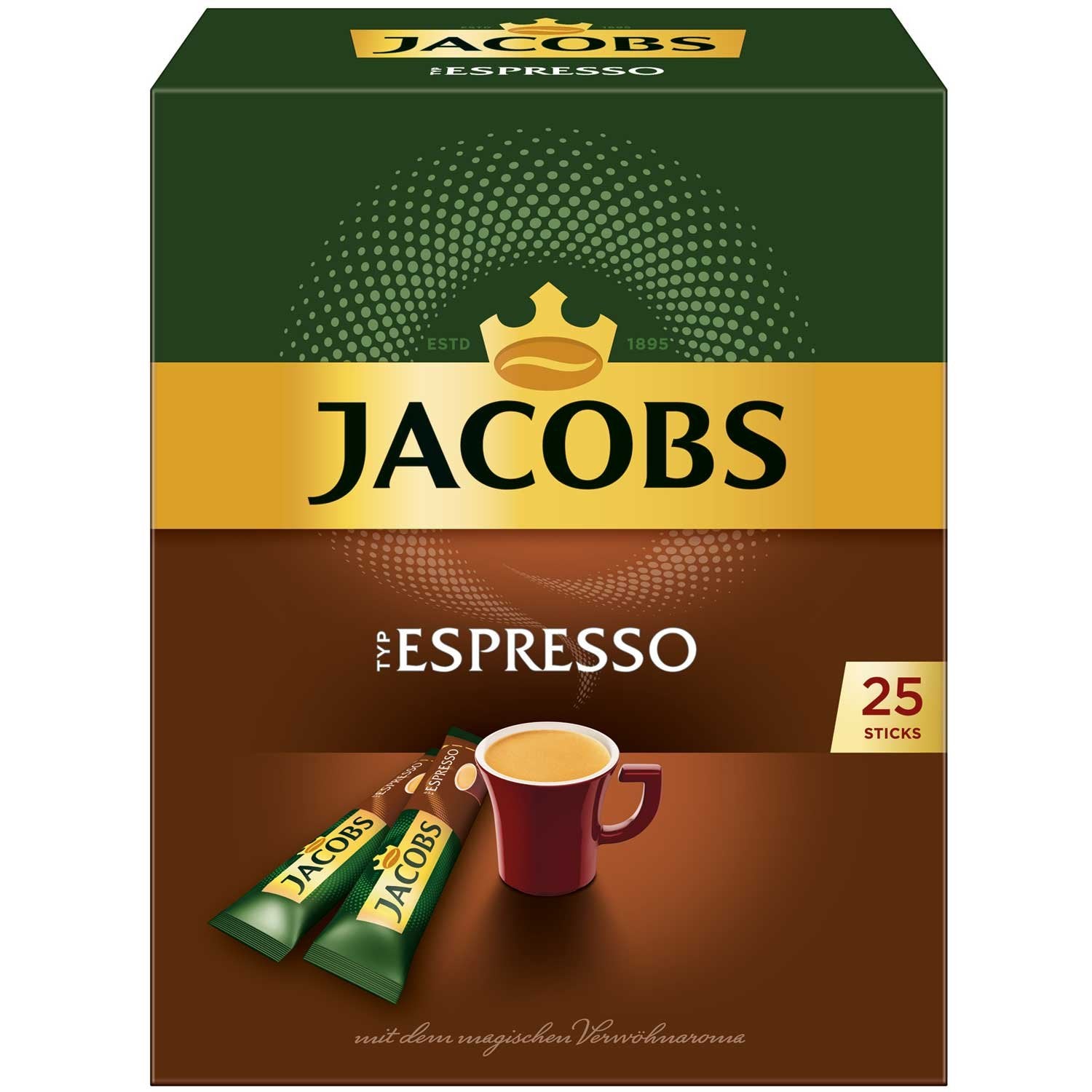 Jacobs sachet front packaging showing single-serve portion for quick espresso
