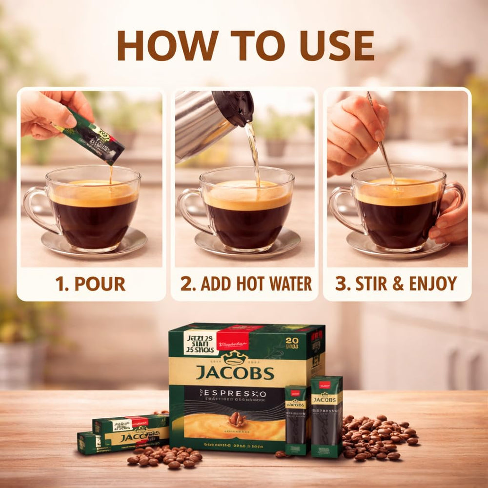 Jacobs served espresso-style cup with hot water for immediate aromatic enjoyment