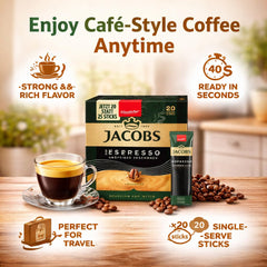 Jacobs opened stick being poured into cup delivering fast coffee preparation