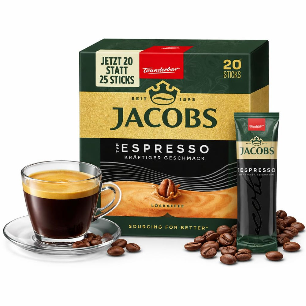 Jacobs front packaging showing 20 espresso instant sticks for quick convenience