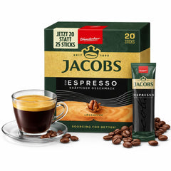 Jacobs front packaging showing 20 espresso instant sticks for quick convenience