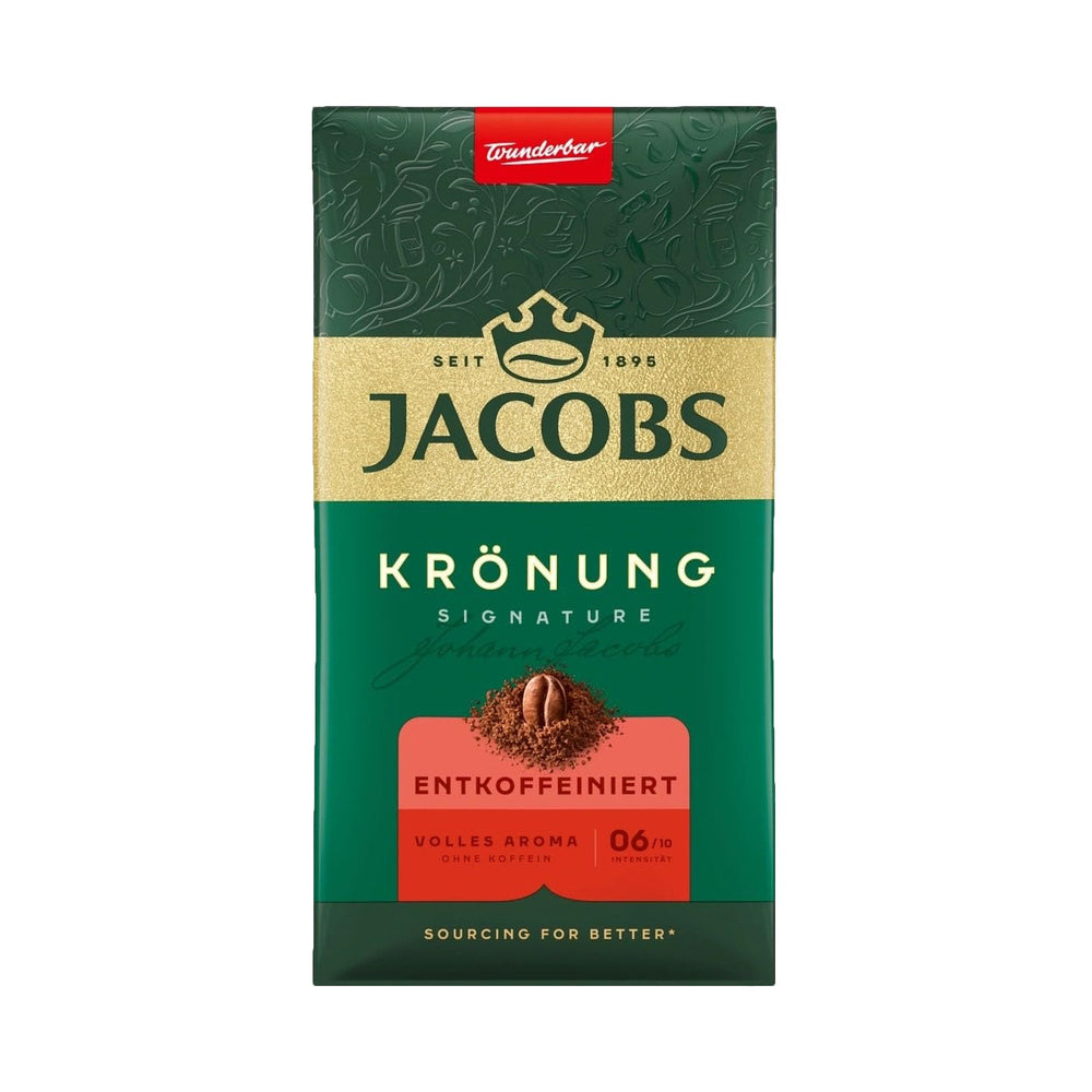 jacobs Kronung decaf front packaging showing 500g bag and brand for clear identification and freshness