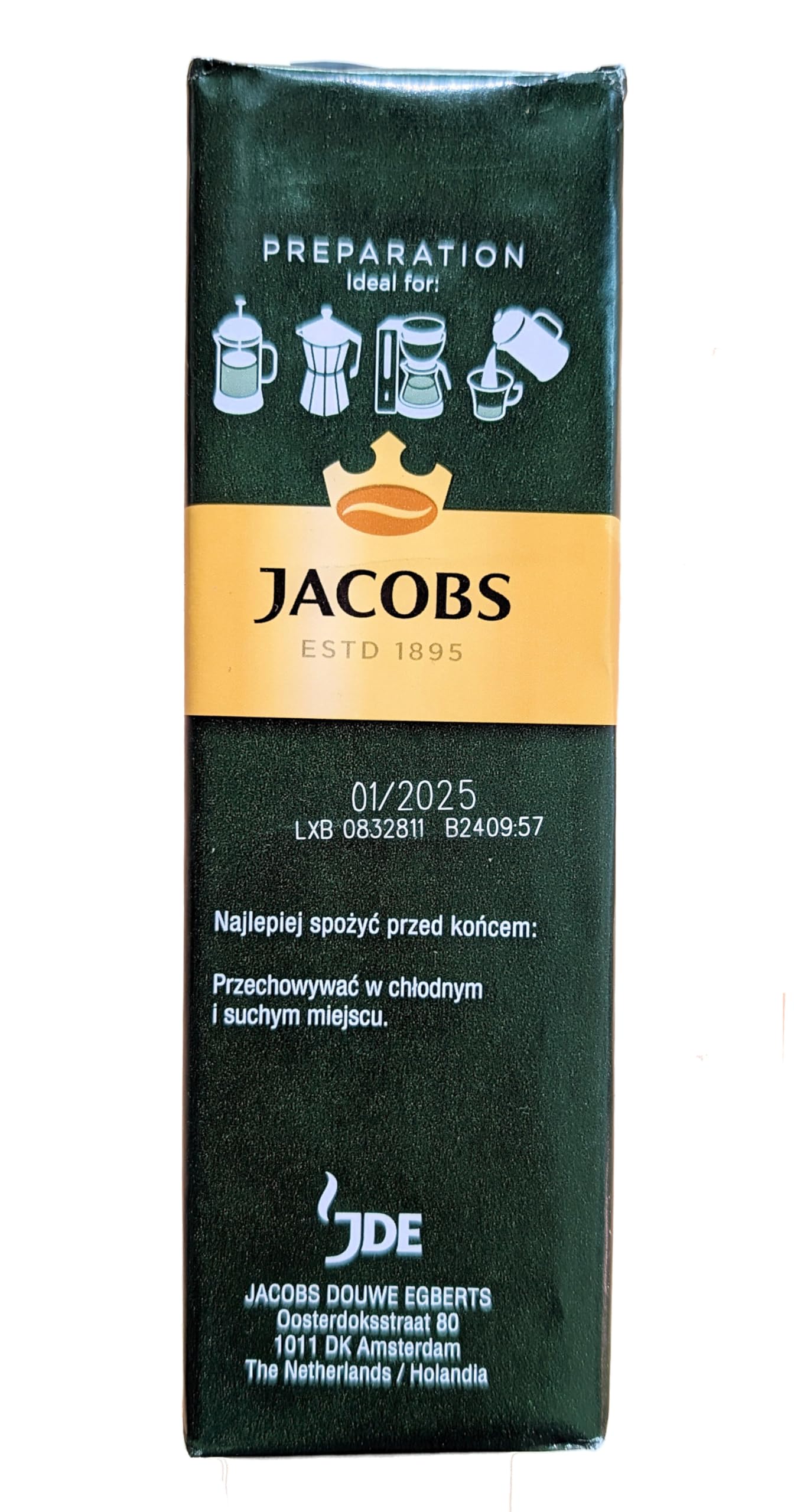 Jacobs Kronung Decaf label close-up showcasing origin and aroma-preserving roast