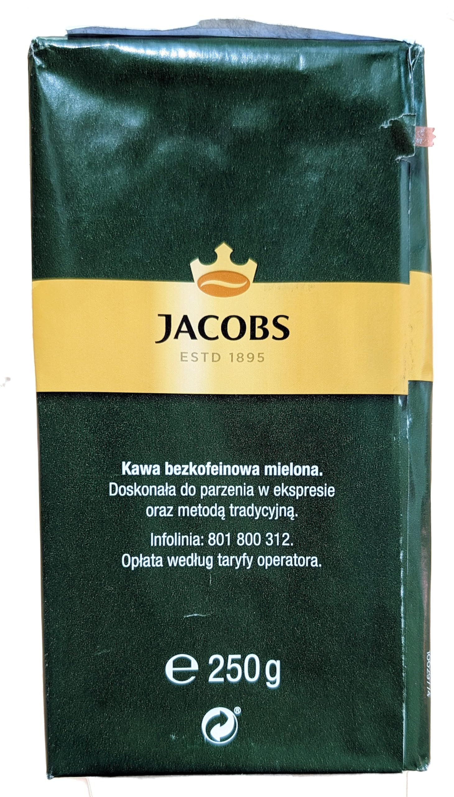 Jacobs Kronung Decaf 250g next to scale to show accurate bag weight