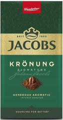 Jacobs Kronung front packaging showing three 500g bags and brand clarity
