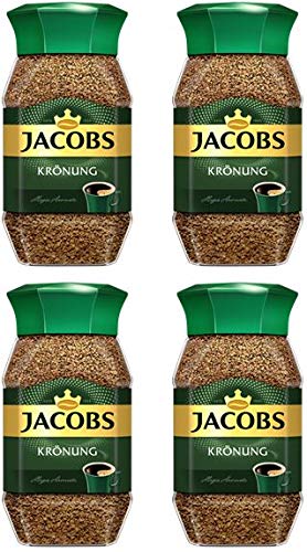 Jacobs Kronung front packaging showing four sealed jars and premium labeling benefit: easy storage