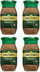 Jacobs Kronung front packaging showing four sealed jars and premium labeling benefit: easy storage