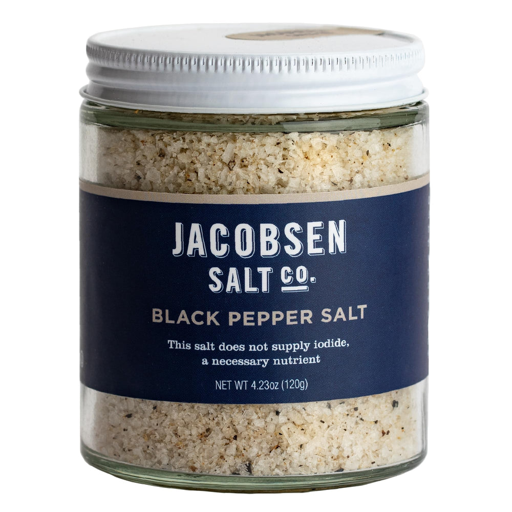 Jacobsen Salt Co. jar front view showing pepper salt and clear label benefit seasoning