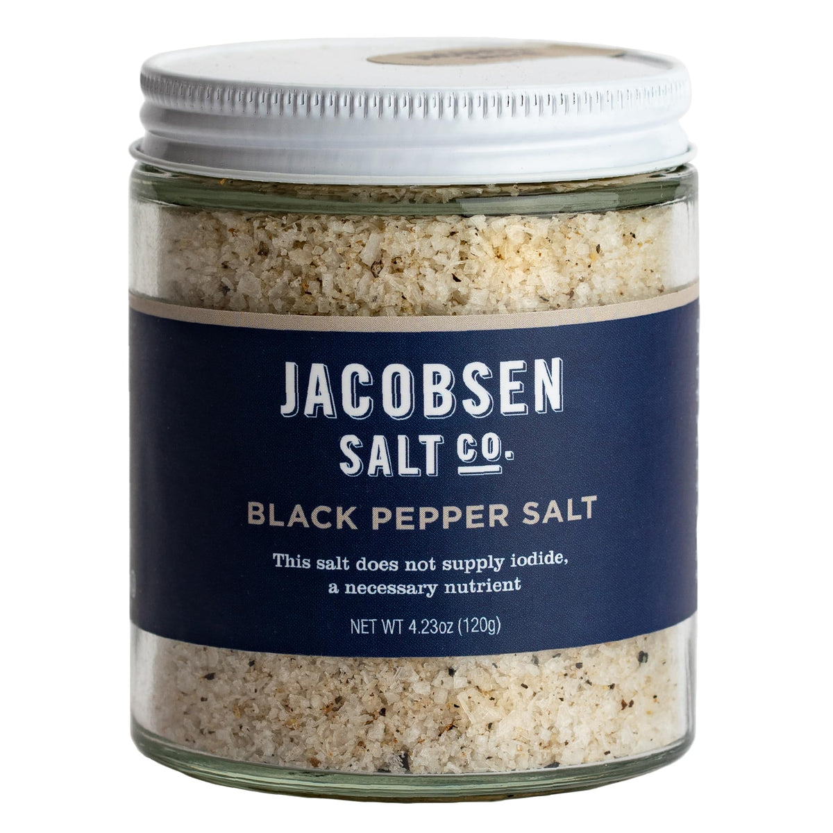 Jacobsen Salt Co. jar front view showing pepper salt and clear label benefit seasoning