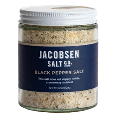 Jacobsen Salt Co. jar front view showing pepper salt and clear label benefit seasoning