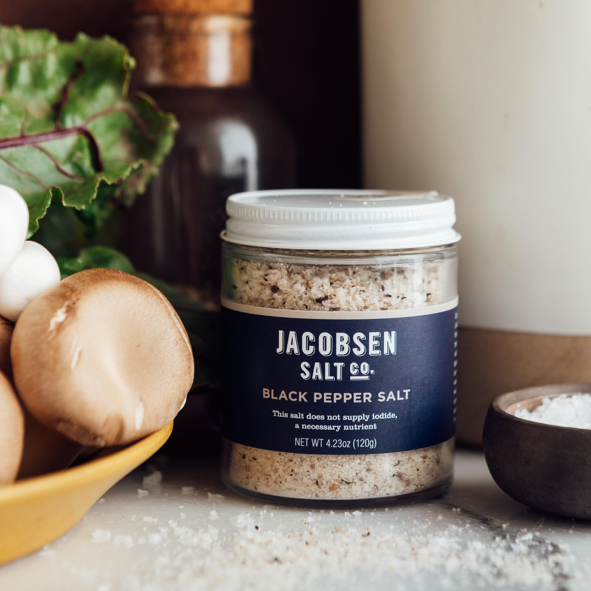 Jacobsen Salt Co. label detail highlighting kosher, non-iodized, non-GMO benefits