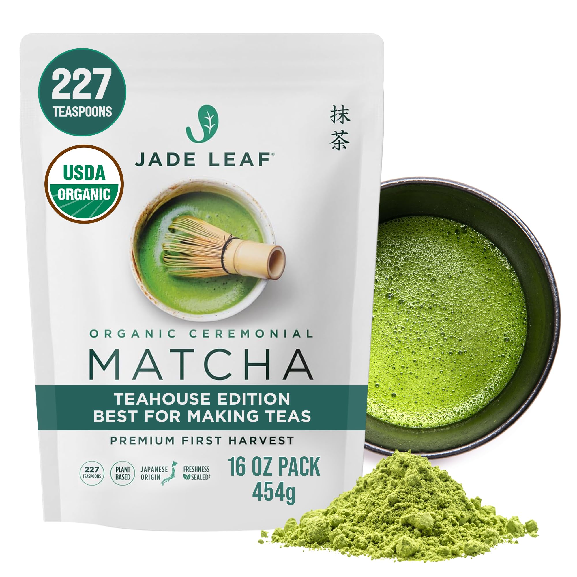 Jade Leaf front pouch showing resealable packaging and organic label for freshness
