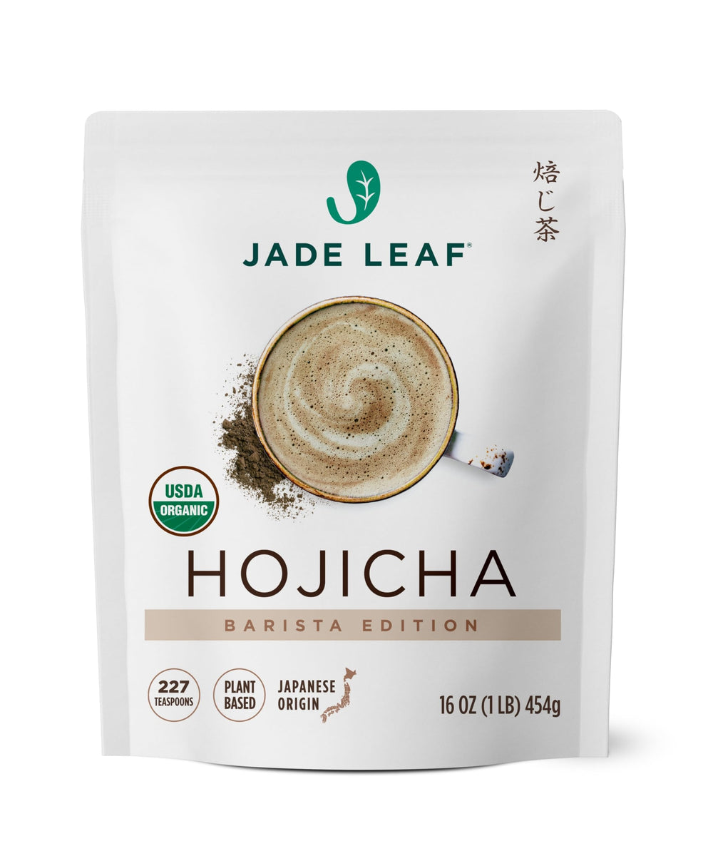Jade Leaf front packaging showing organic hojicha and 454g size benefit
