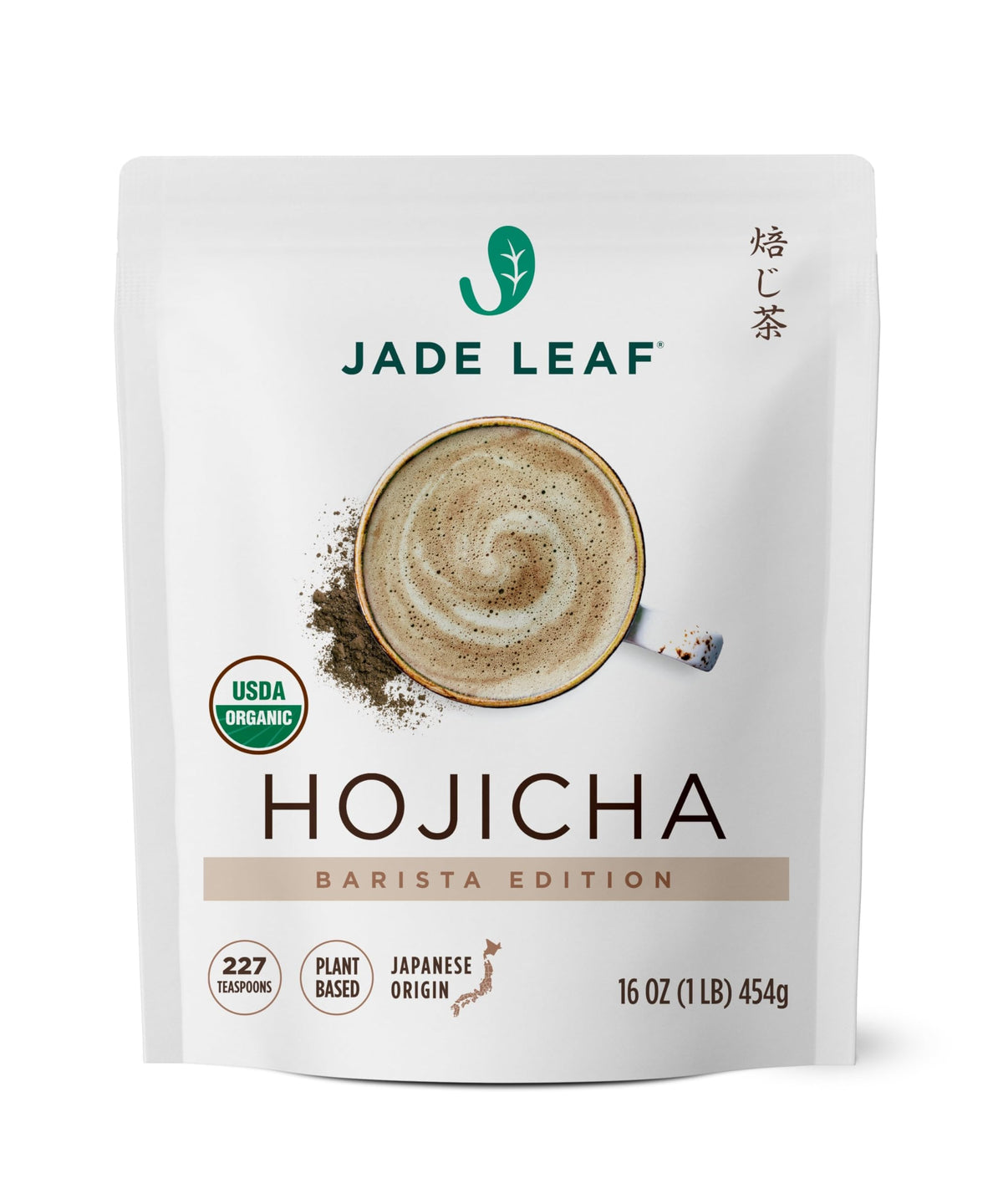 Jade Leaf front packaging showing organic hojicha and 454g size benefit