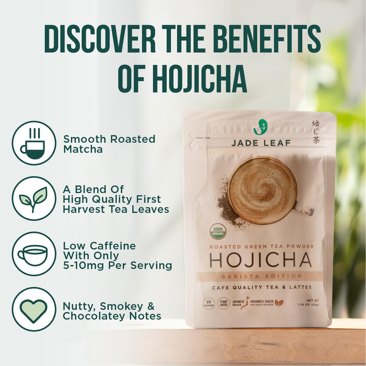Jade Leaf hojicha latte in cup demonstrating creamy low-caffeine comfort