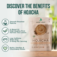 Jade Leaf hojicha latte in cup demonstrating creamy low-caffeine comfort