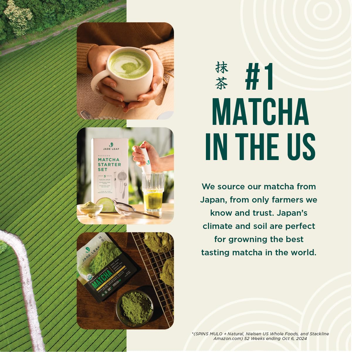 Jade Leaf iced matcha latte in glass on table, illustrating refreshing cold-serve option