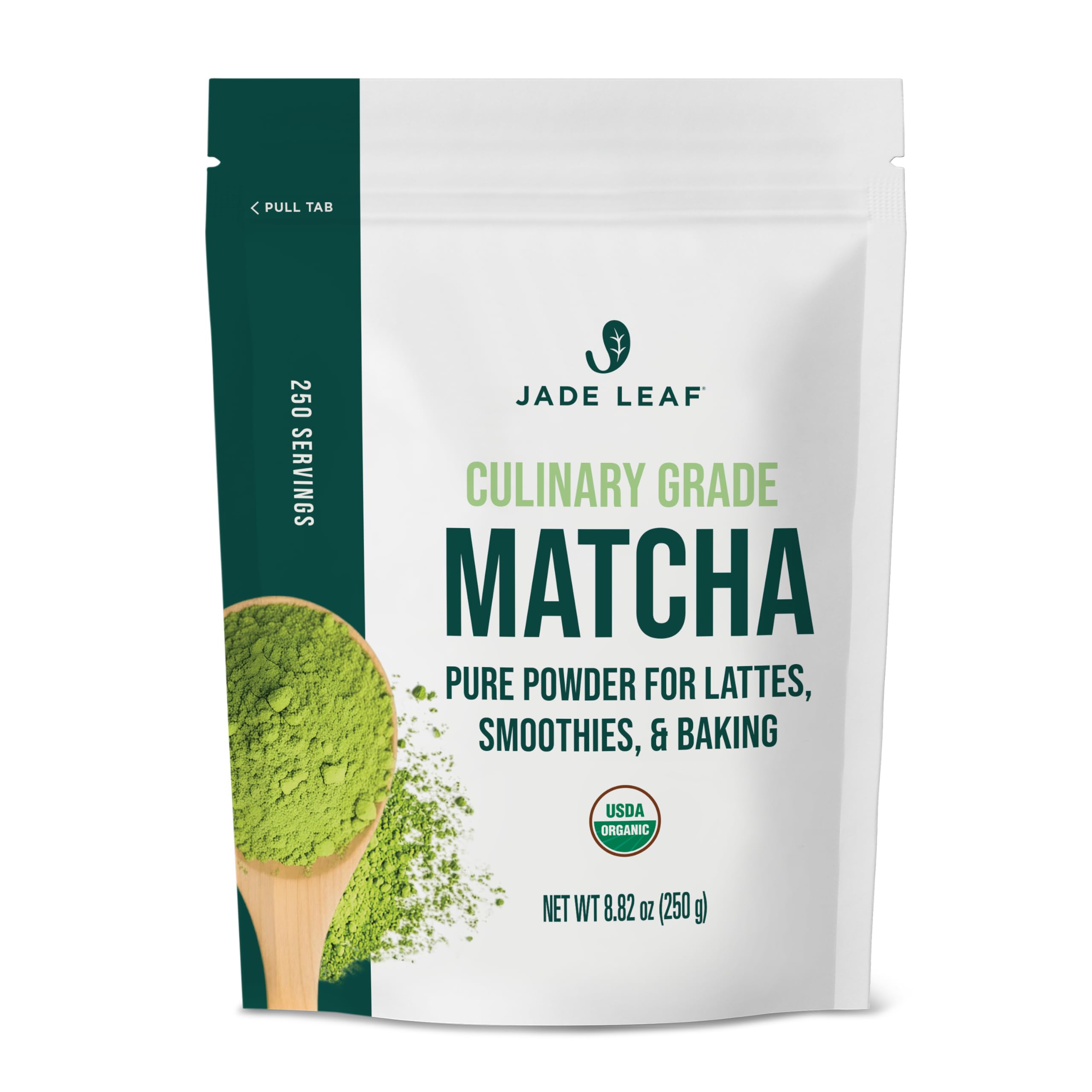 Jade Leaf Matcha front pouch showing resealable packaging and organic label benefit