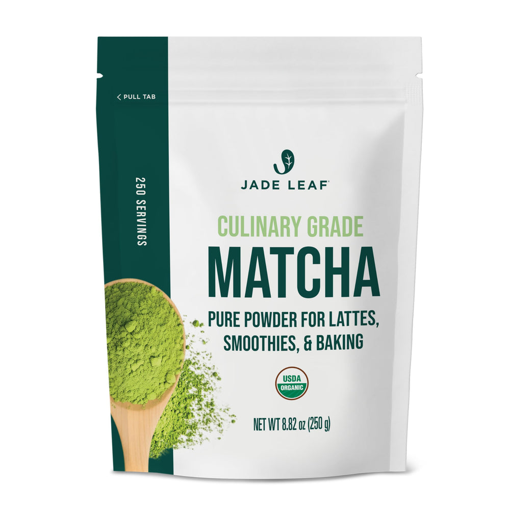 Jade Leaf Matcha front pouch showing resealable packaging and organic label benefit