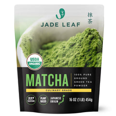 Jade Leaf Matcha front pouch showing resealable packaging and weight