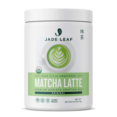 Jade Leaf Matcha tub front view showing label and size, convenient pantry storage