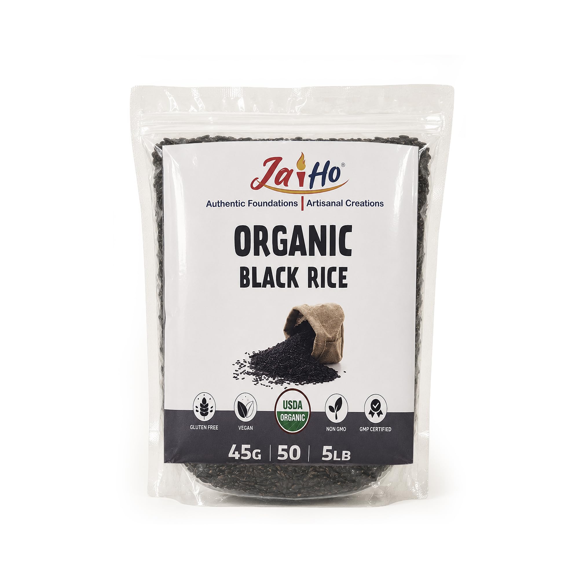 Jai Ho front pouch showing organic black rice and resealable benefit