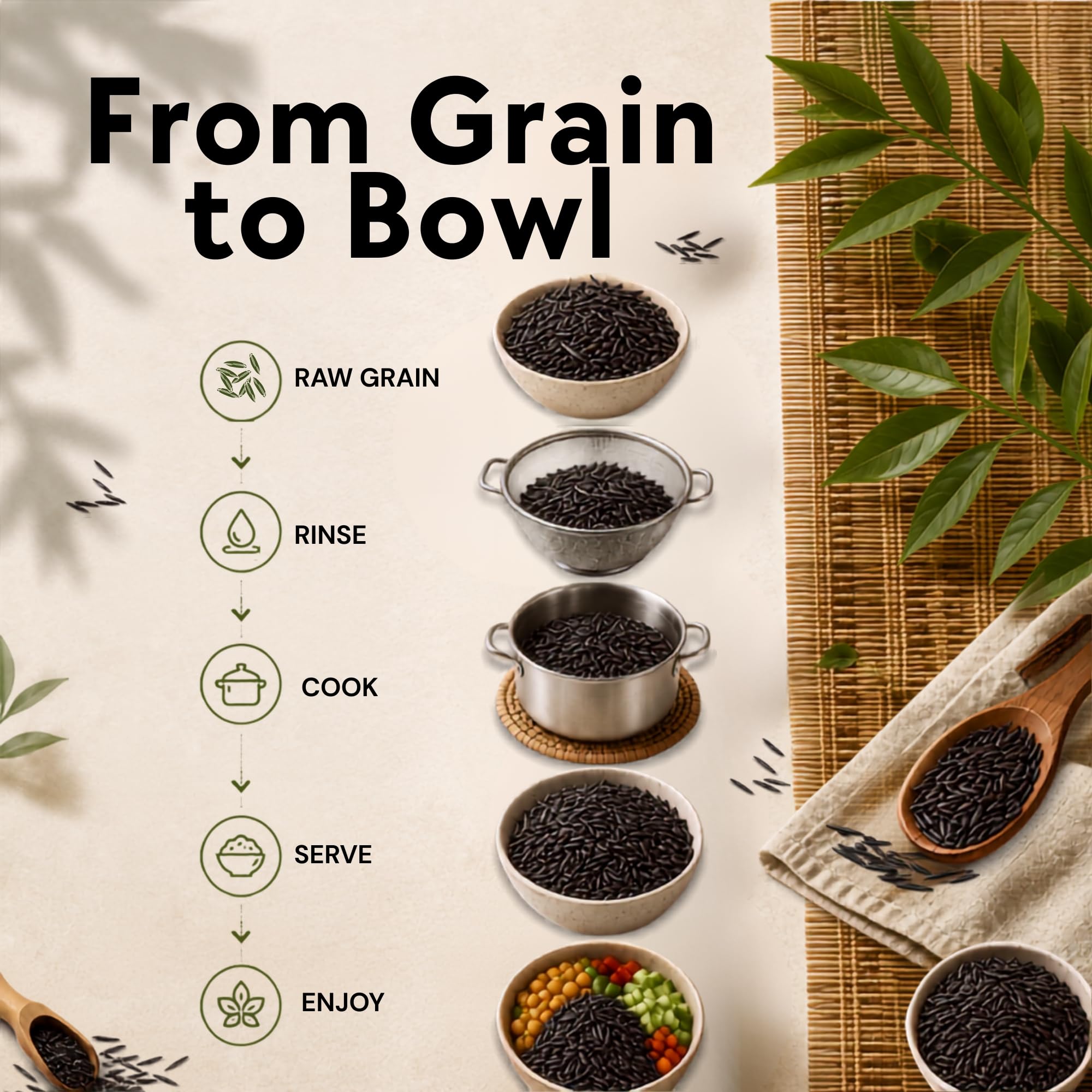 Jai Ho black rice in stir-fry demonstrating versatile cooking benefit