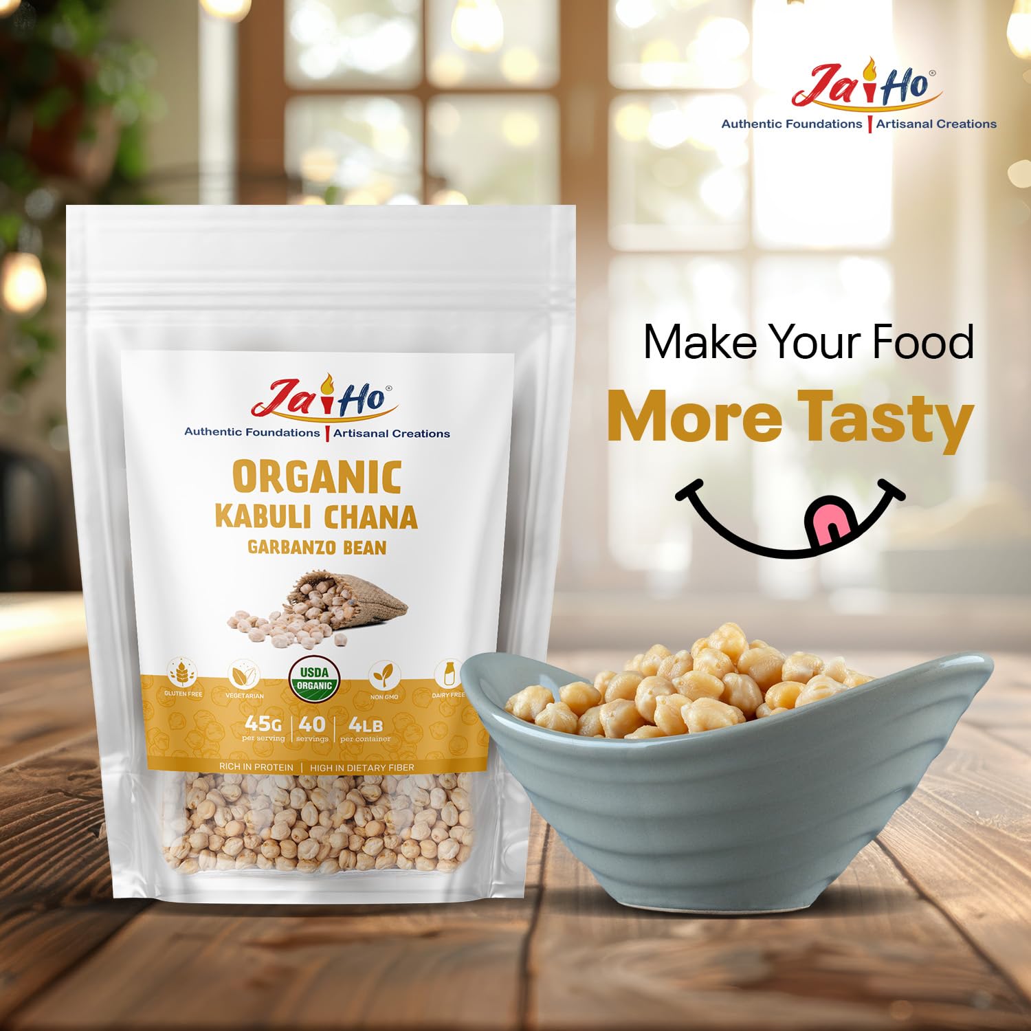 Jai Ho bag beside measuring scoop showing 4 lb scale convenience