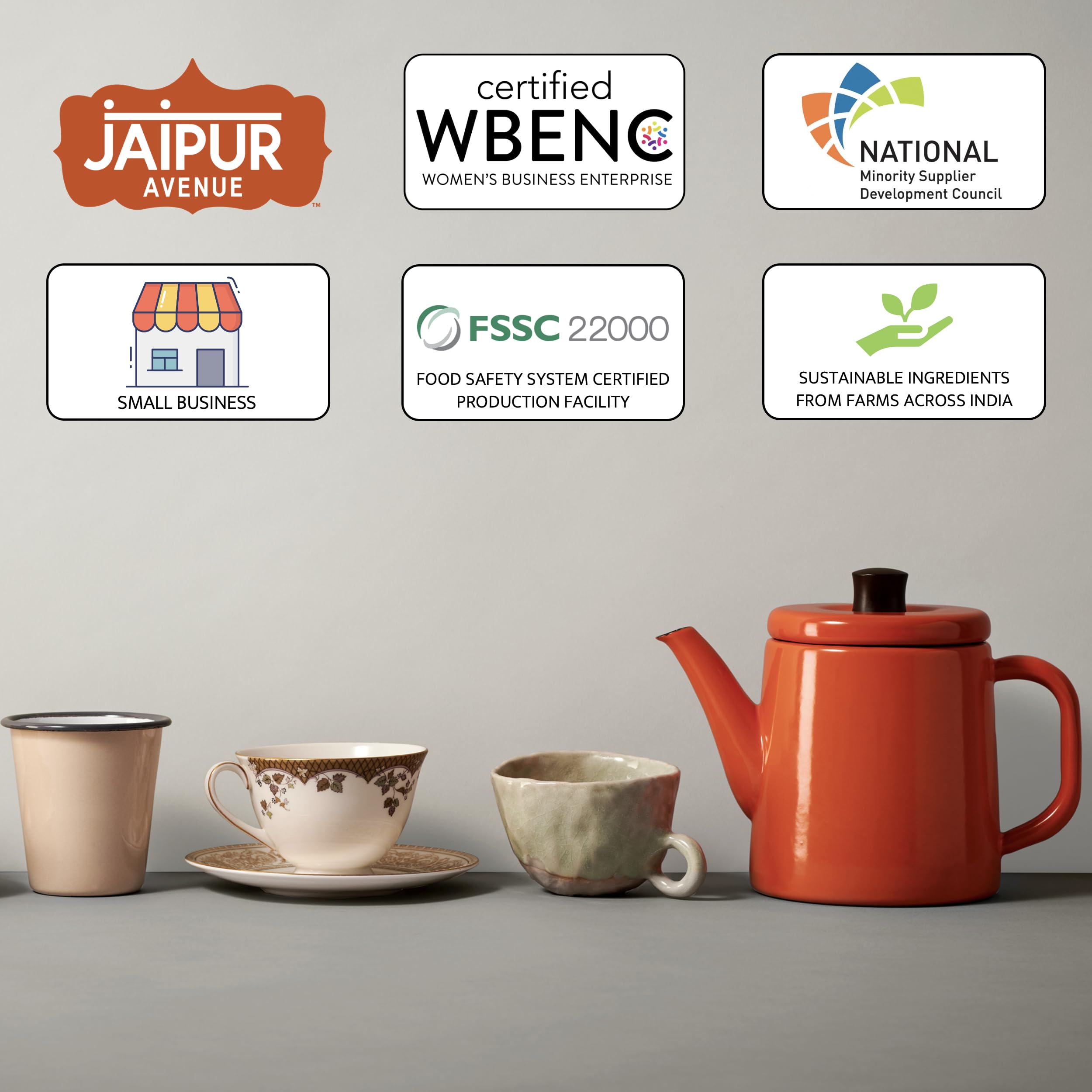 Jaipur Avenue sachets and contents laid out to show portion count and ingredient clarity