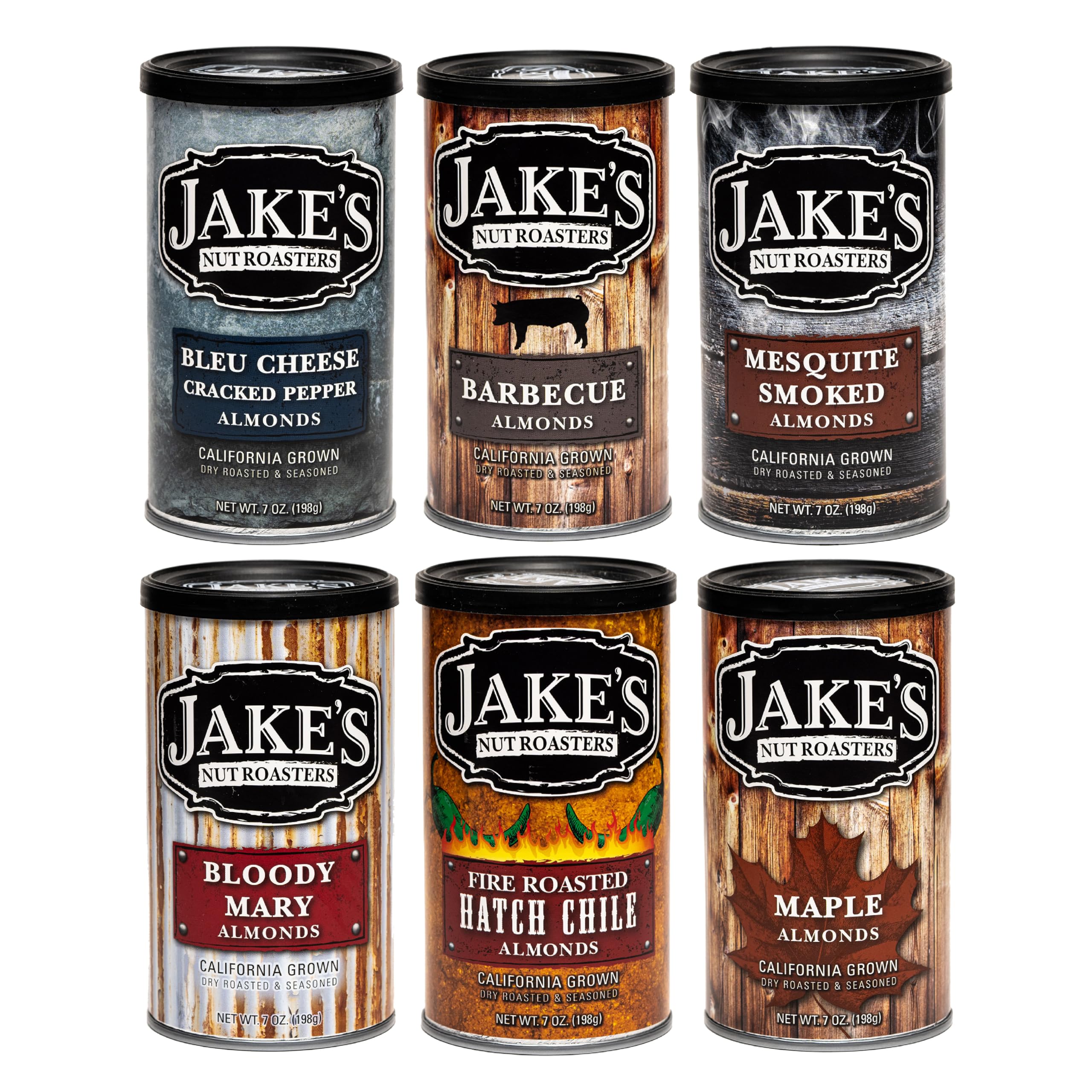 Jake's Nut Roasters front packaging showing six 7 oz cans and mix branding benefit: easy gifting