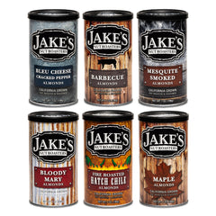 Jake's Nut Roasters front packaging showing six 7 oz cans and mix branding benefit: easy gifting