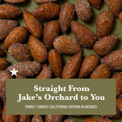 Jake's Nut Roasters opened 7 oz can top view showing packed almonds and freshness preserved