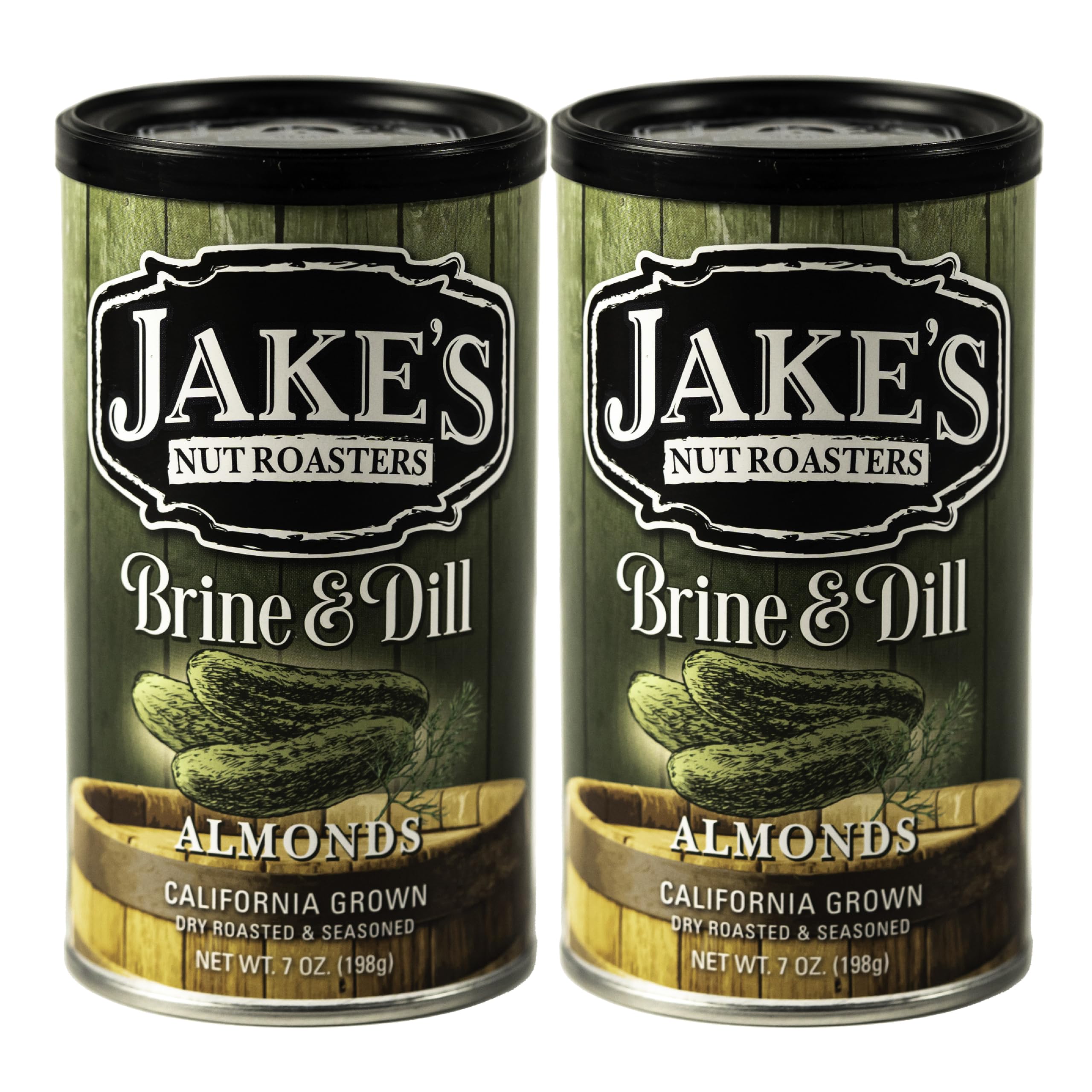 Jake's Nut Roasters front can showing Brine & Dill label and bright tin benefit: easy storage