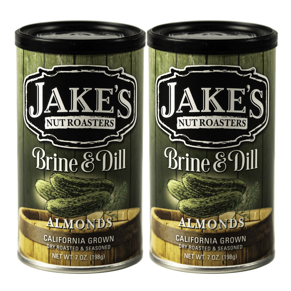 Jake's Nut Roasters front can showing Brine & Dill label and bright tin benefit: easy storage