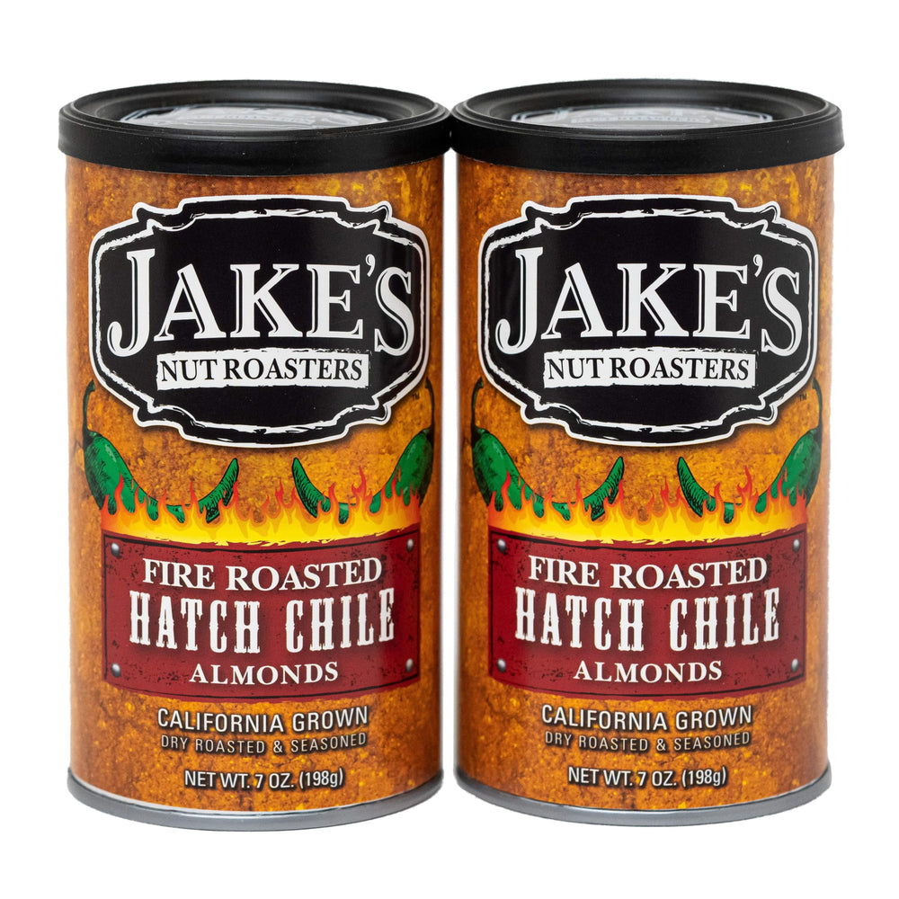 Jake's Nut Roasters front can showing hatch chile label and resealable lid, convenient storage