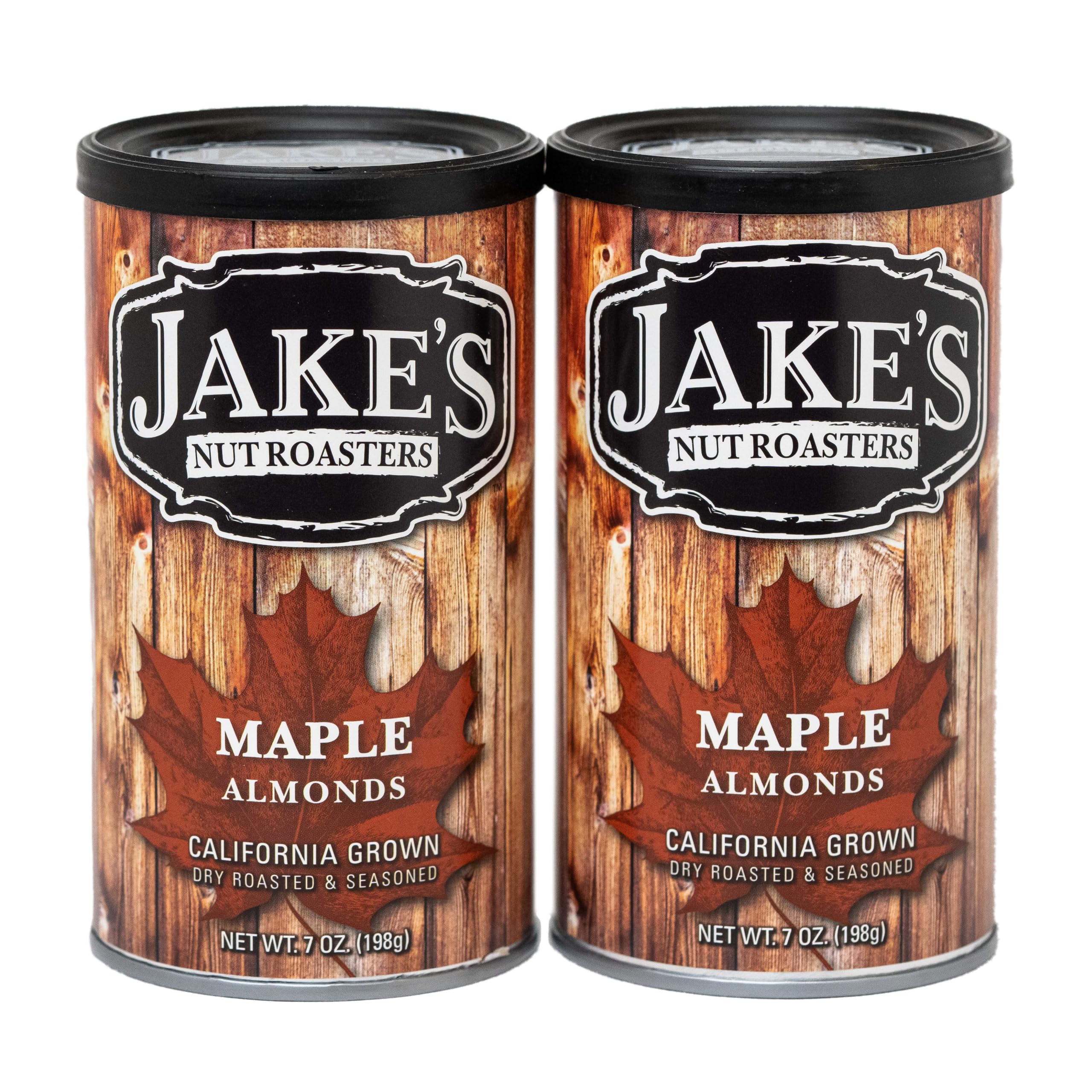 Jake's Nut Roasters front can showing branding and maple flavor, attractive shelf appeal