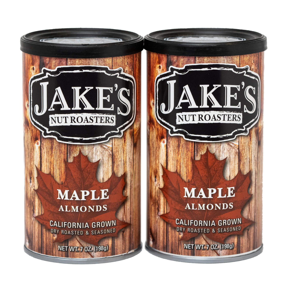 Jake's Nut Roasters front can showing branding and maple flavor, attractive shelf appeal