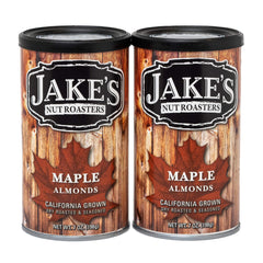 Jake's Nut Roasters front can showing branding and maple flavor, attractive shelf appeal